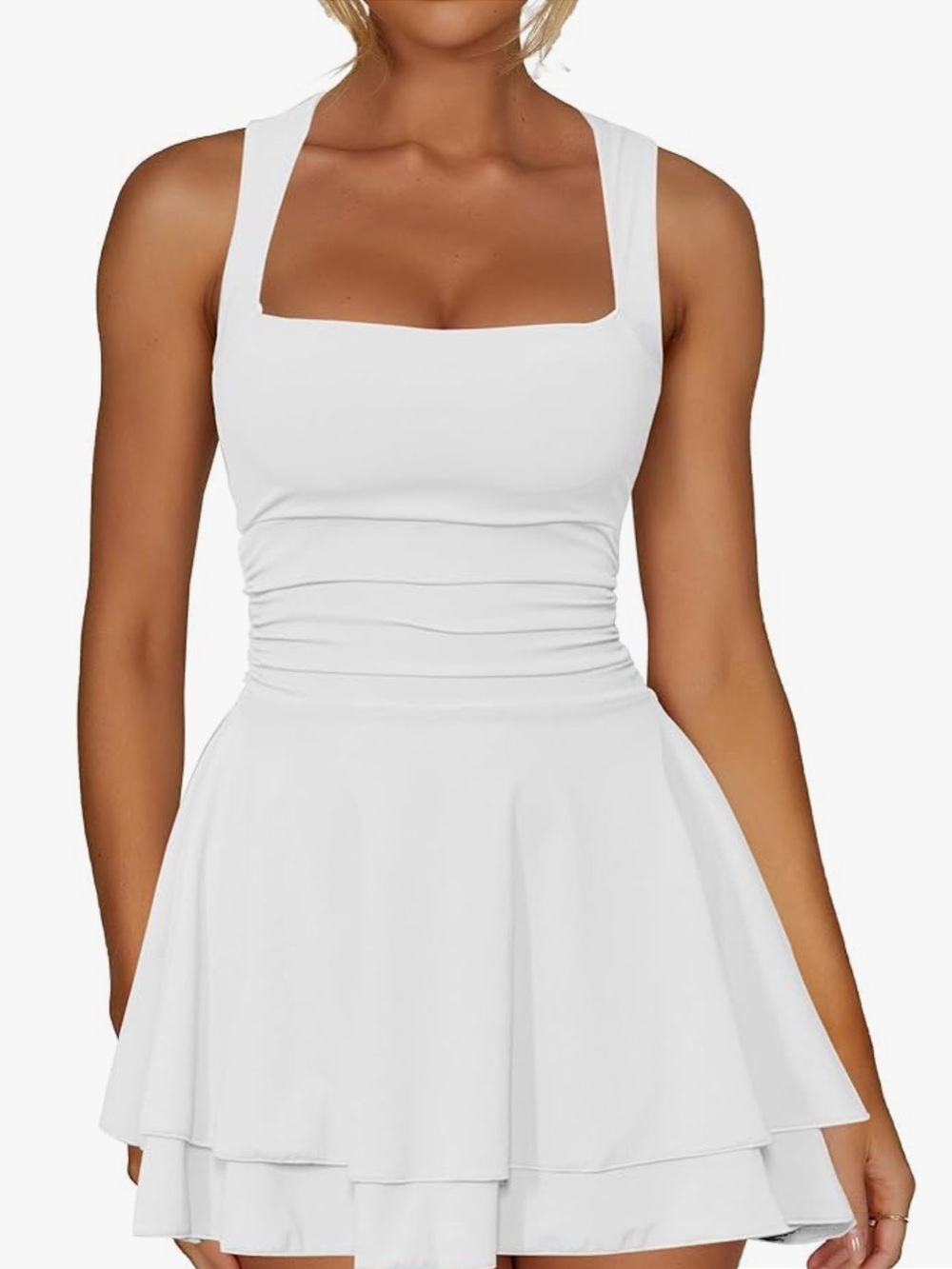 White Square-Neck Tiered Mini Dress
